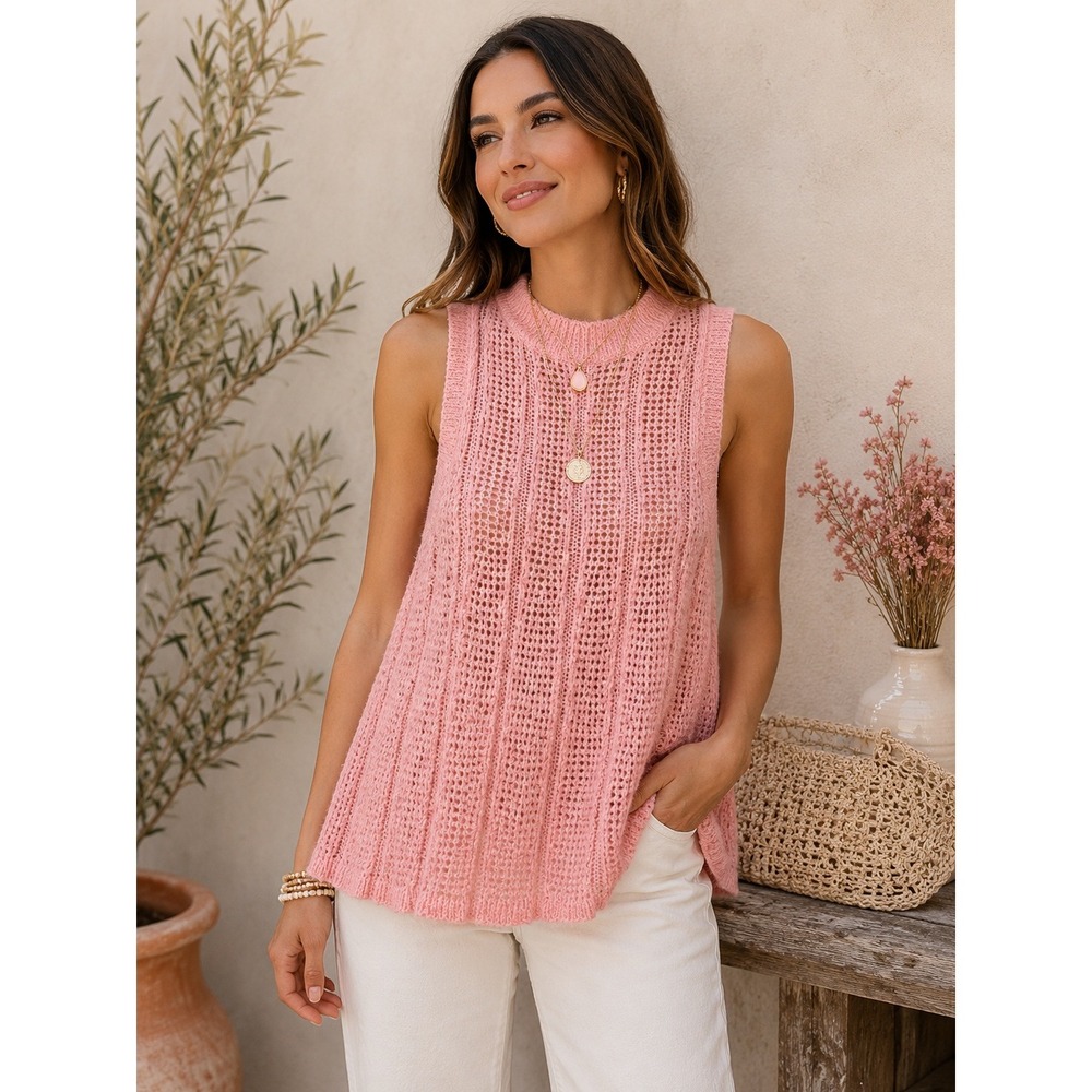 C&C California Pink Open Knit Sweater Tank Mock Neck Sleeveless Top Small